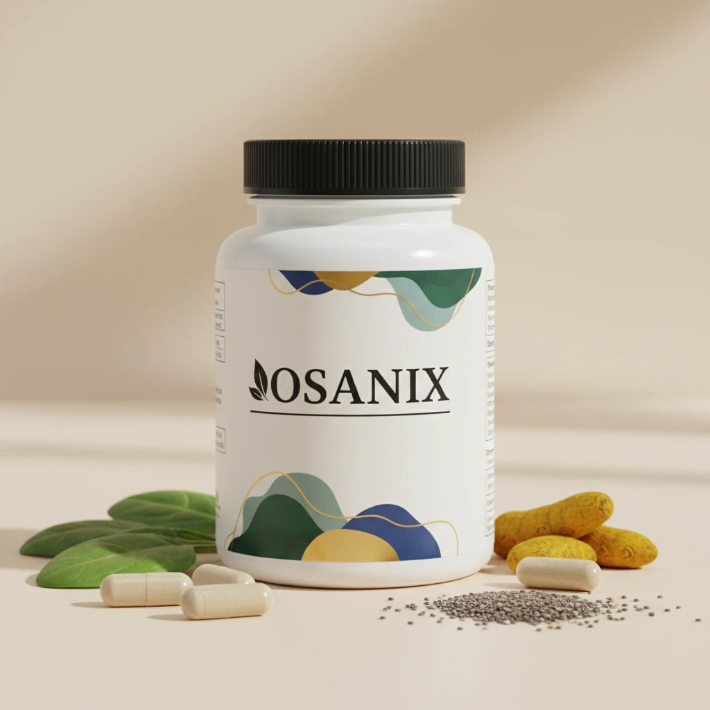 Osanix kosttilskud - hvid beholder med mørkelilla etiket